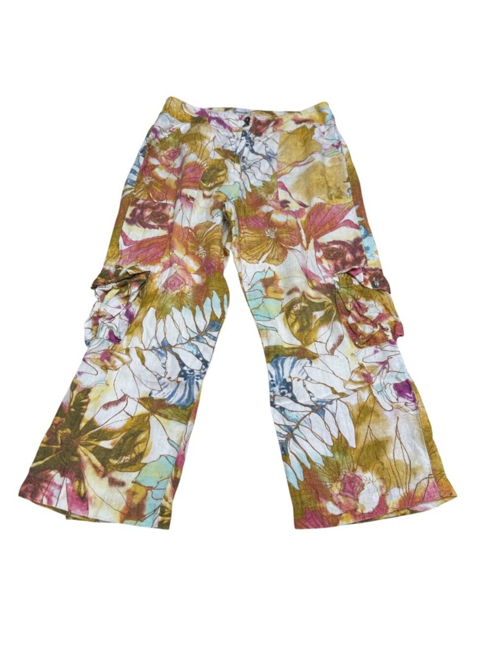 Chico's Women's Floral Print Cropped 100% Linen Cargo Pants, Size 1.5 (US 10)